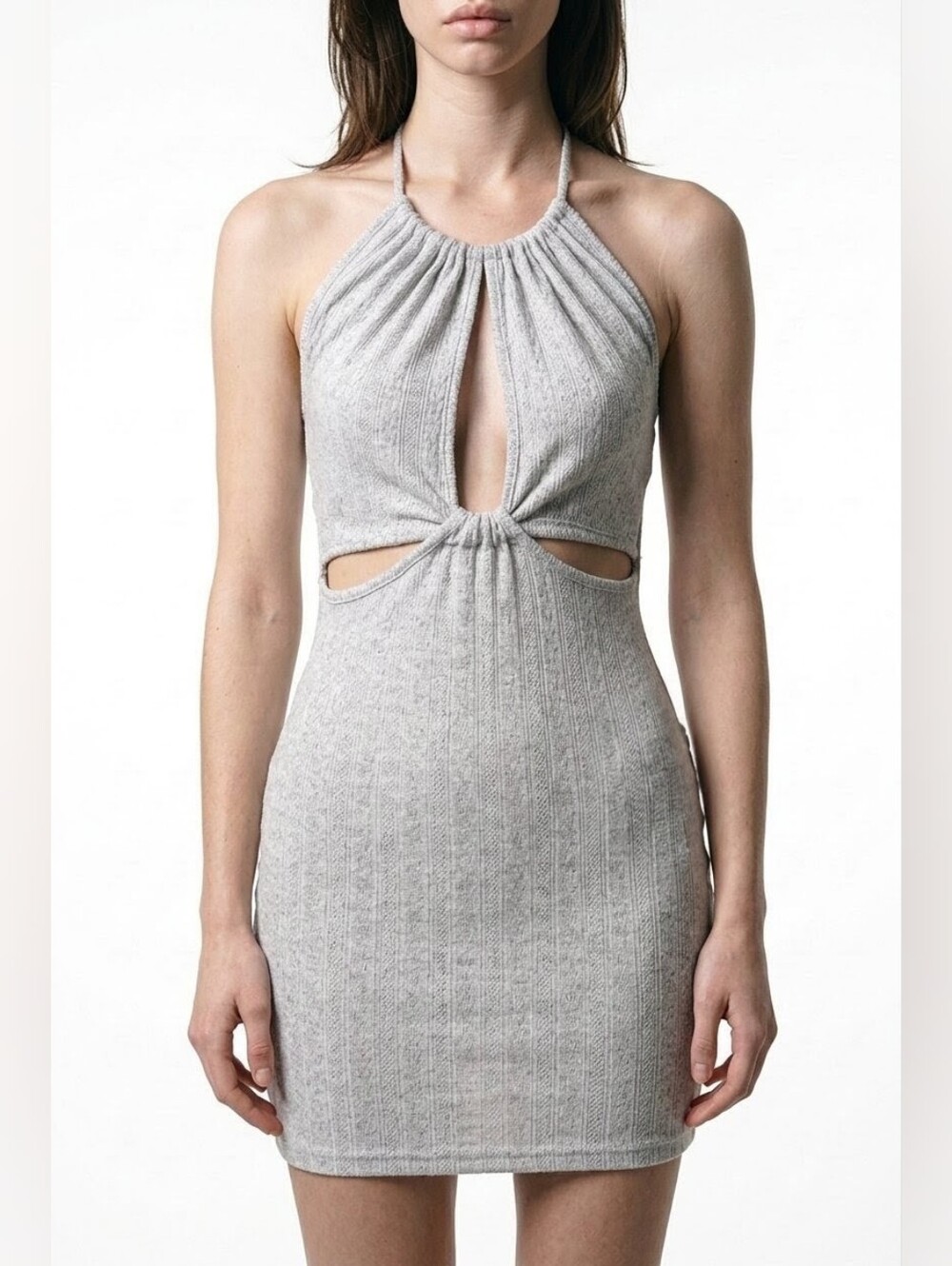 21 Saints Ribbed Knit Cut-Out Mini Dress in Heather Gray Size S
